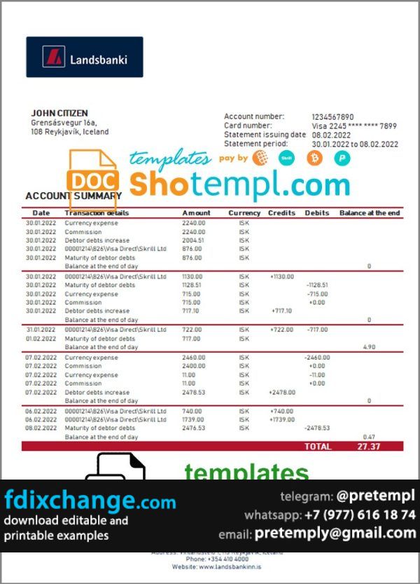 download Iceland Landsbanki proof of address bank statement template free fonts
