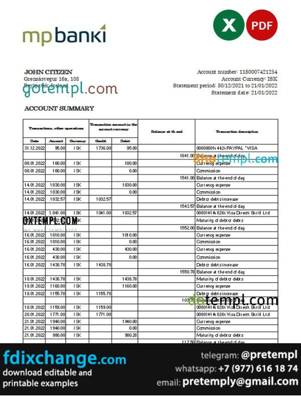 download Iceland MP bank statement template free fonts