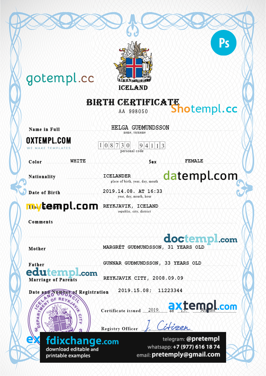 download Iceland vital record birth certificate template free fonts