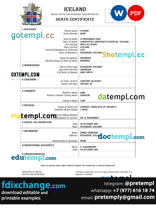 download Iceland vital record death certificate template free fonts