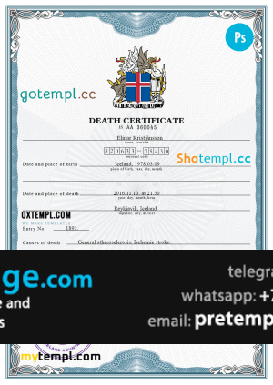 download Iceland vital record death certificate template free fonts, completely editable