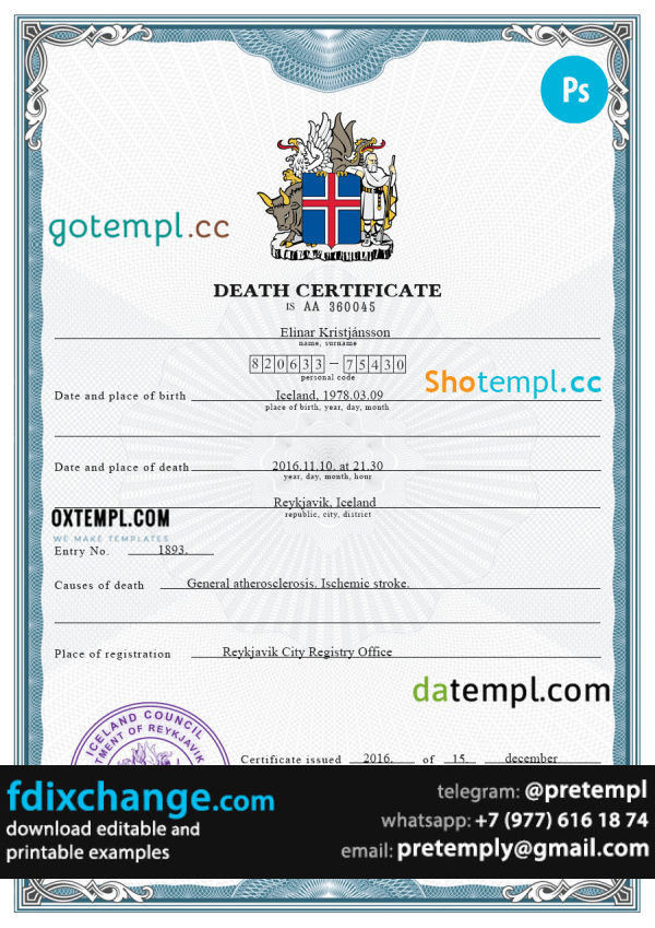 download Iceland vital record death certificate template free fonts, completely editable