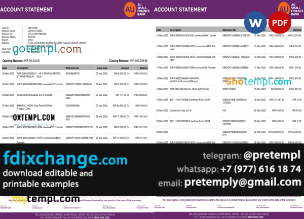 download India AU Small Finance bank statement, template free fonts, 5 pages