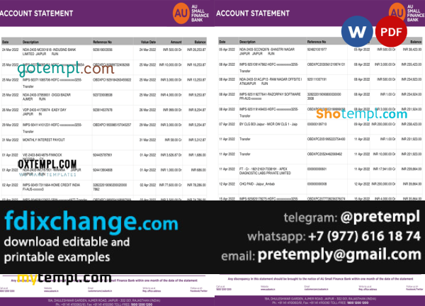 download India AU Small Finance bank statement, template free fonts, 5 pages - Image 2