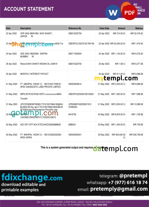 download India AU Small Finance bank statement, template free fonts, 5 pages - Image 3