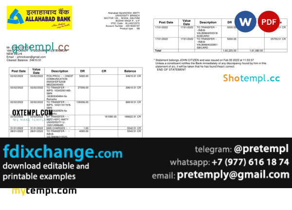 download India Allahabad Bank statement, template free fonts, 2 pages