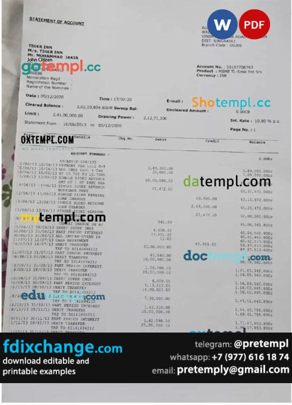 download INDIA ALLAHABAD bank statement template free fonts