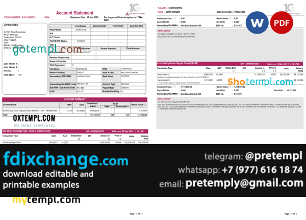 download India Axis bank statement, template free fonts, 3 pages