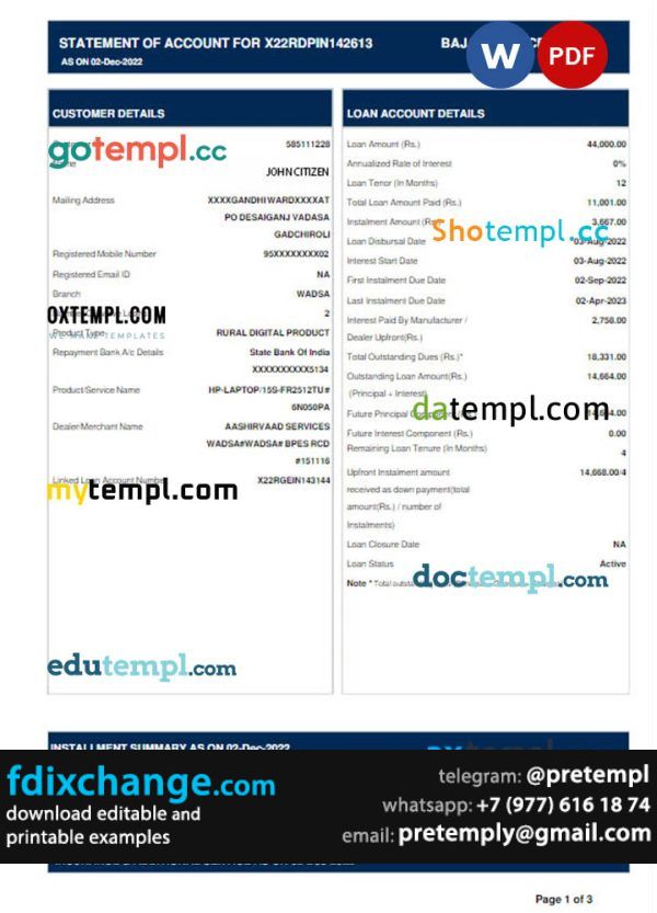 download INDIA BAJAJ FINANCE LIMITED bank statement template free fonts