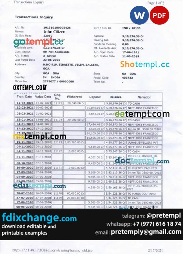 download INDIA BANK OF INDIA bank statement template free fonts