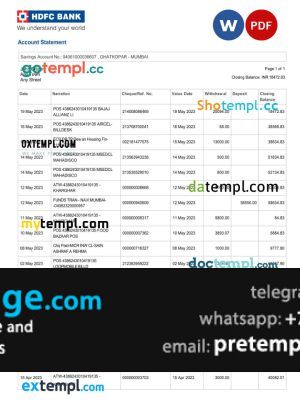 download India HDFC bank statement template free fonts