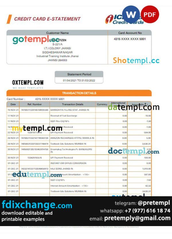 download INDIA ICICI credit card statement template free fonts, version 2