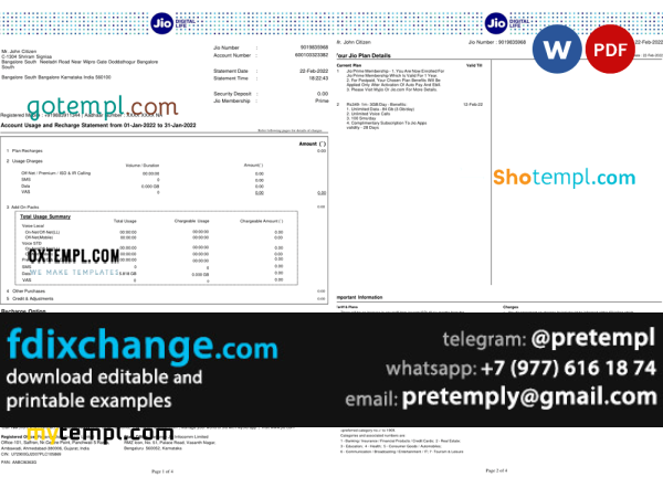 download India Jio Digital Life bank statement, template free fonts, 4 pages