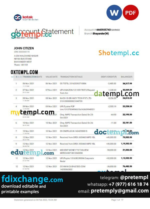 download INDIA KOTAK bank statement template free fonts