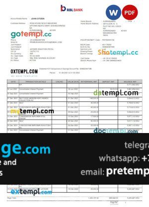 download INDIA RBL bank statement template free fonts