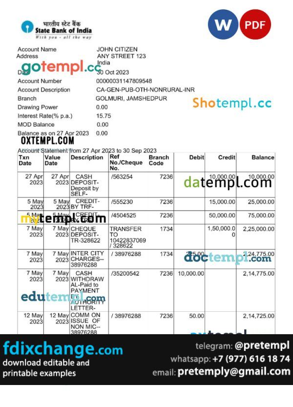 download India State Bank of India bank statement template free fonts