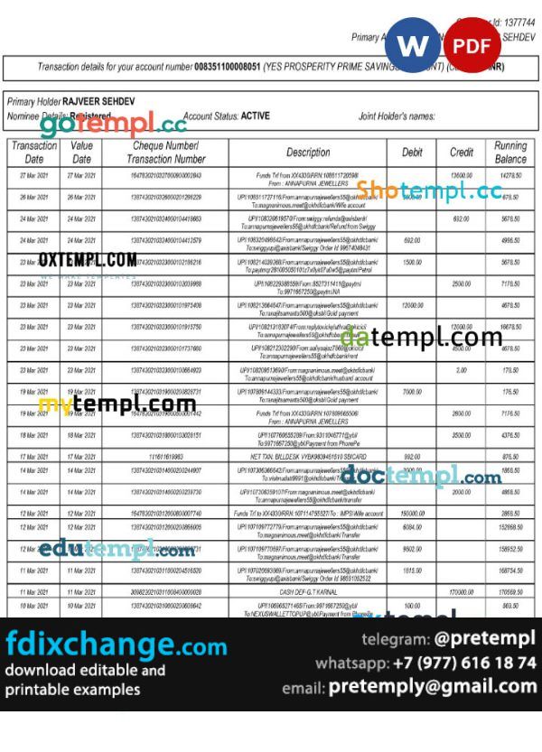 download India Yes Bank statement template free fonts, 2 pages