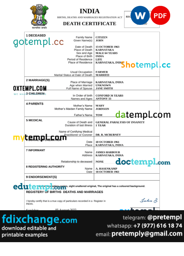 download India death certificate template free fonts, completely editable
