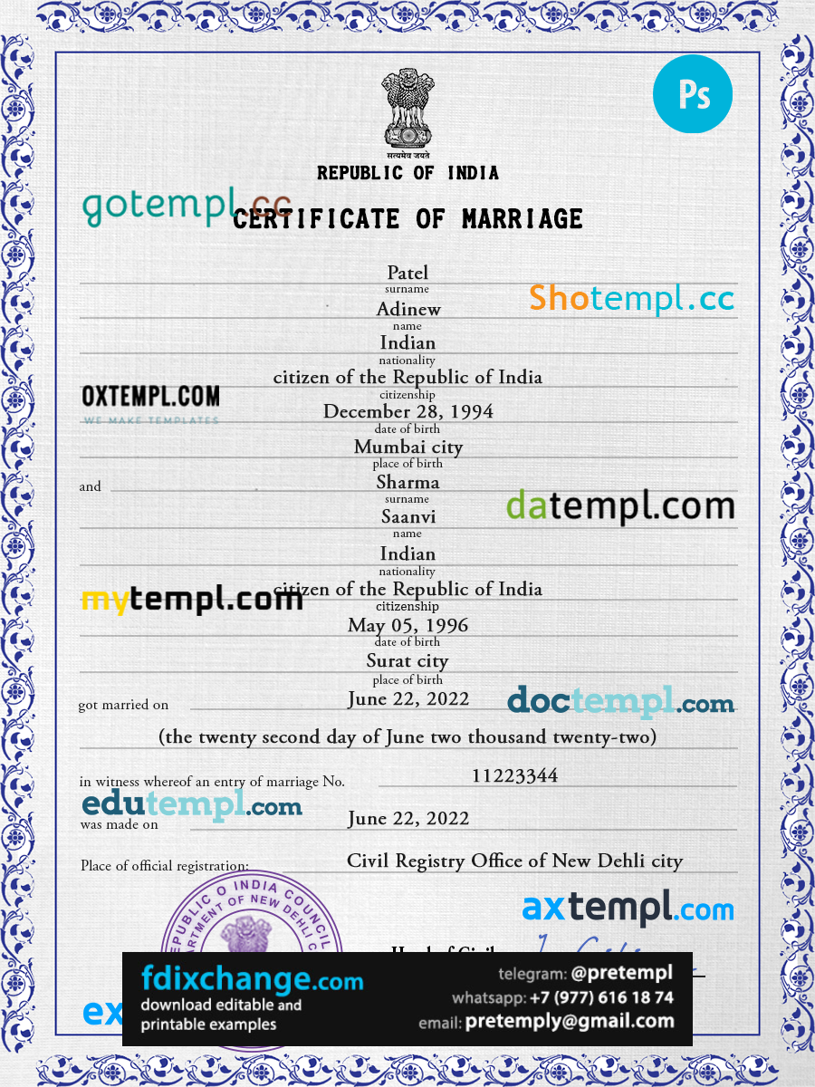download India marriage certificate template free fonts