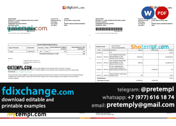 download Indonesia DBS Digibank statement, template free fonts, 2 pages