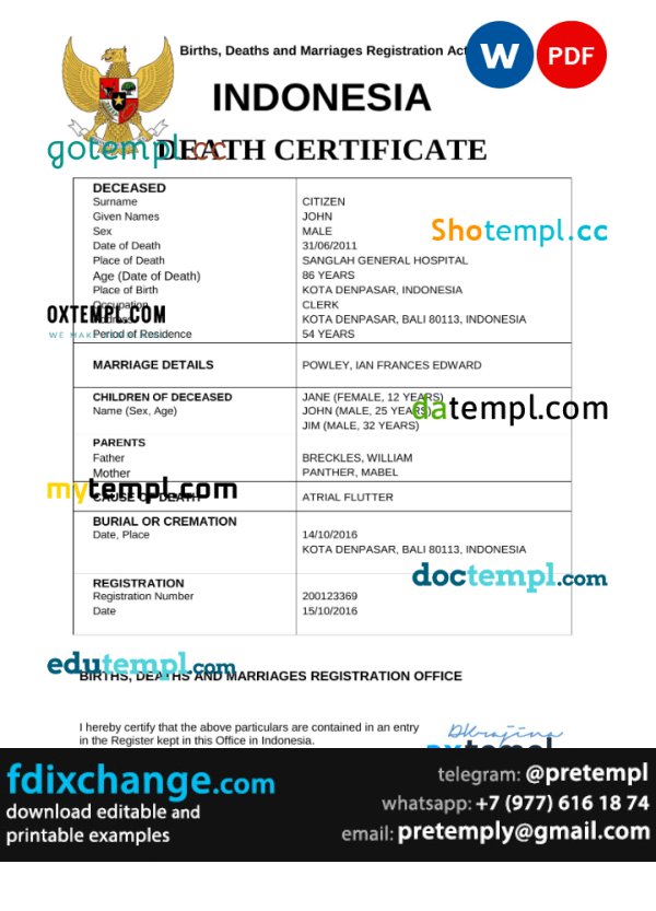 download Indonesia vital record death certificate template free fonts