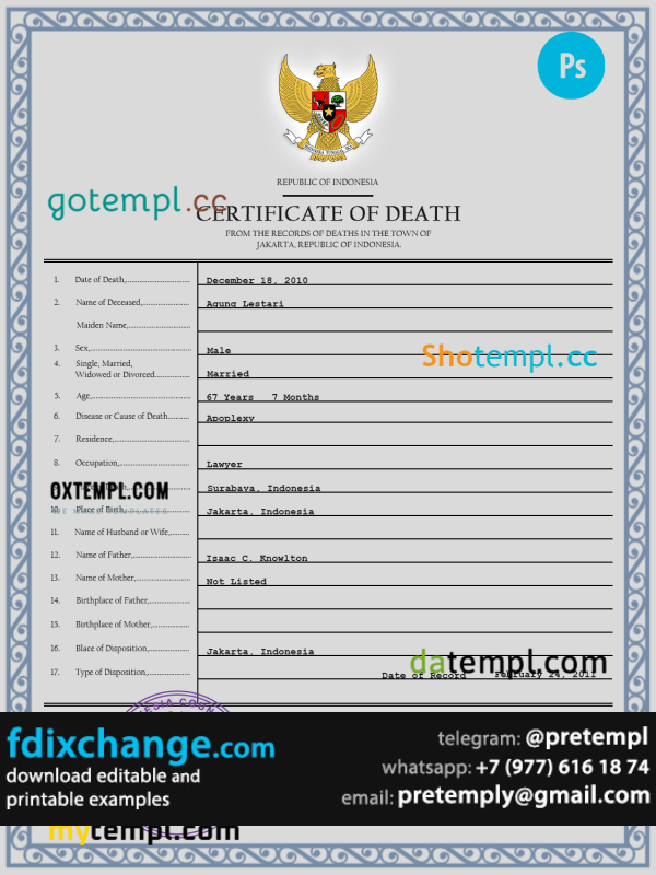 download Indonesia vital record death certificate template free fonts