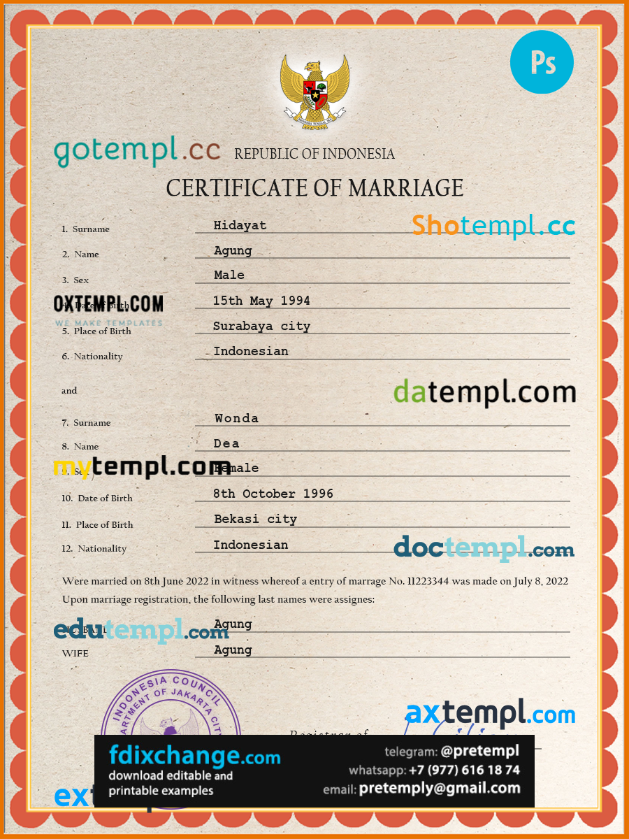 download Indonesia marriage certificate template free fonts, completely editable