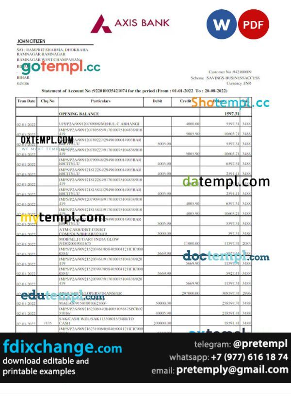 download INDIA AXIS bank statement template free fonts, version 2