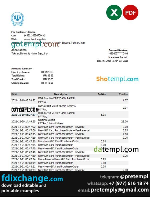 download Iran Bank Sepah bank statement template free fonts