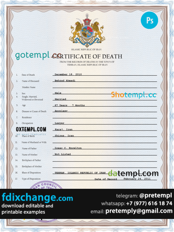 download Iran death certificate template free fonts, completely editable