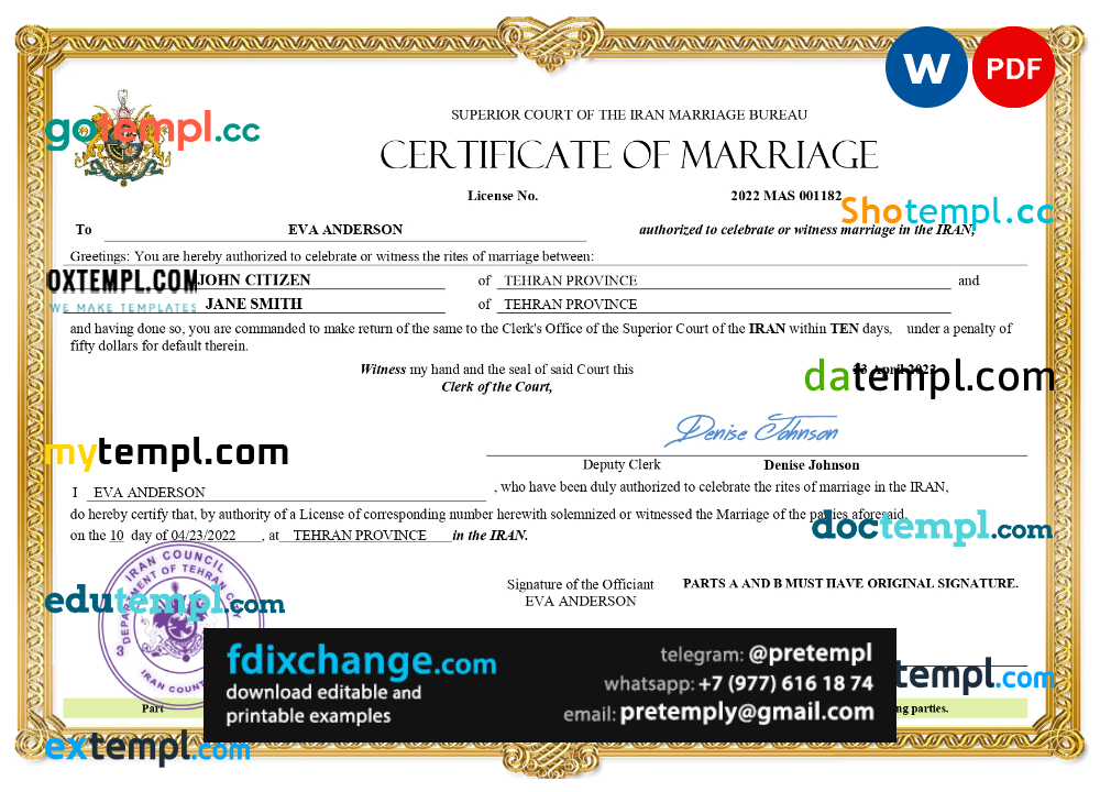 download Iran marriage certificate template free fonts, fully editable