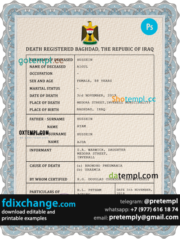 download Iraq vital record death certificate template free fonts
