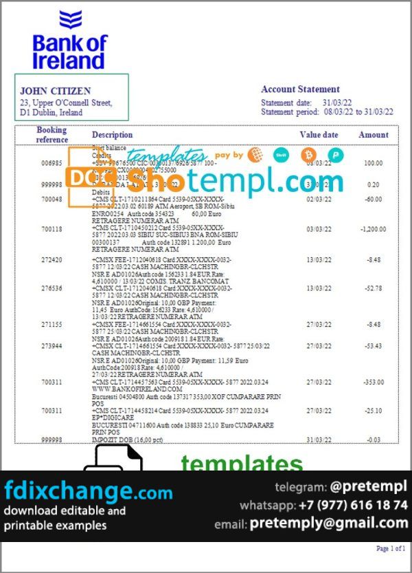 download Ireland Bank of Ireland Bank statement template free fonts