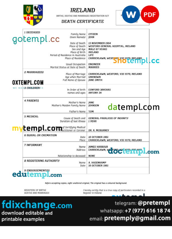 download Ireland vital record death certificate template free fonts