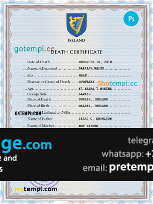 download Ireland vital record death certificate template free fonts, completely editable