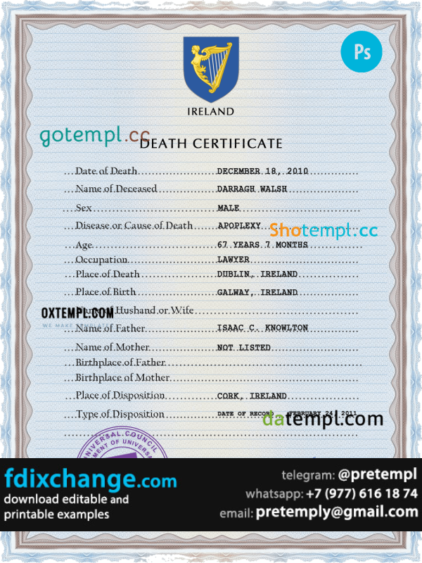 download Ireland vital record death certificate template free fonts, completely editable