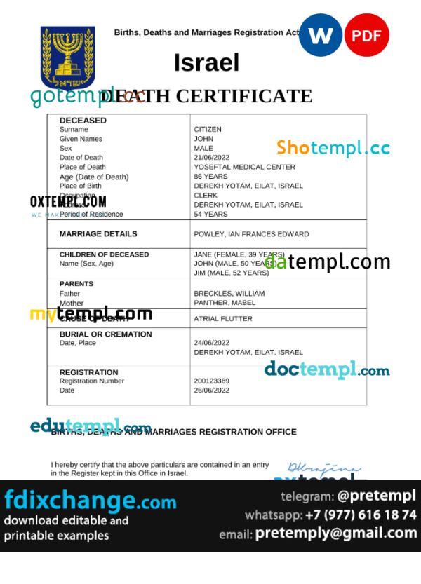 download Israel death certificate template free fonts, completely editable