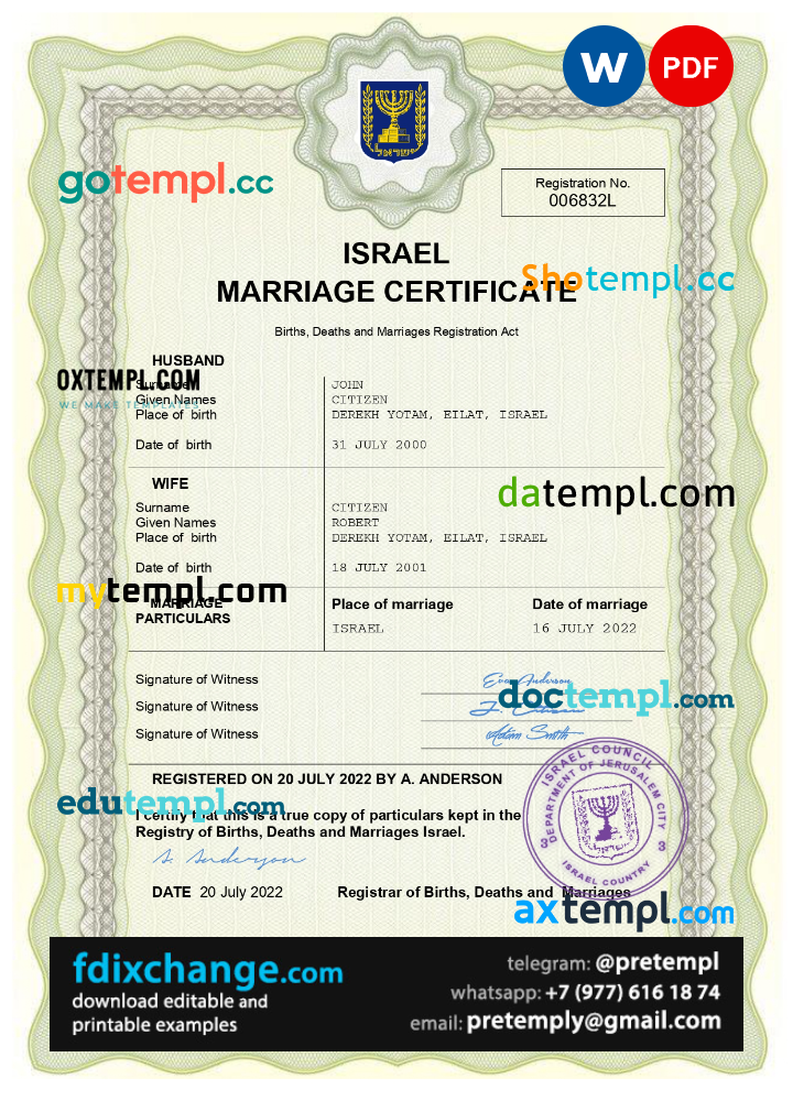 download Israel marriage certificate template free fonts, completely editable