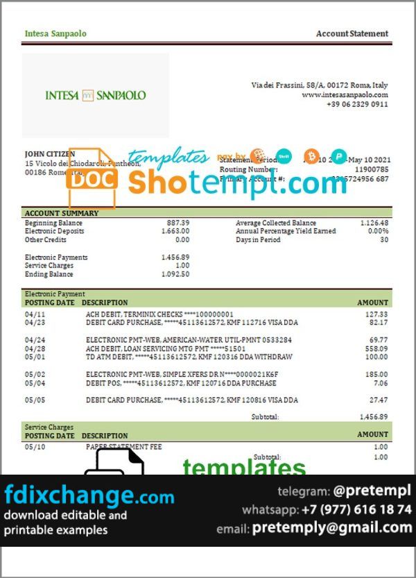 download Italy Intesa Sanpaolo statement template free fonts, fully editable