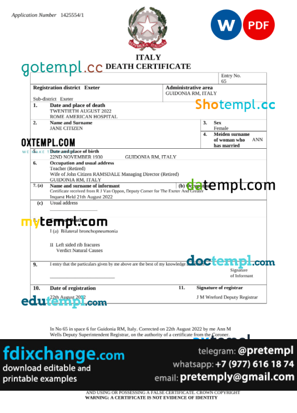 download Italy vital record death certificate template free fonts
