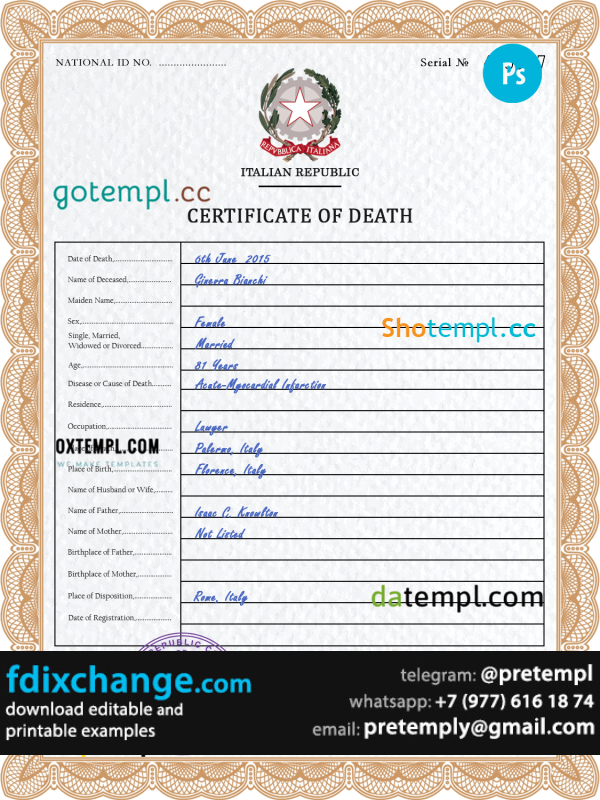 download Italy vital record death certificate template free fonts