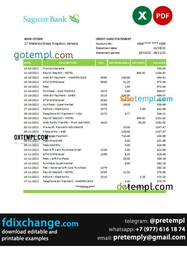 download Jamaica Sagicor bank statement template free fonts