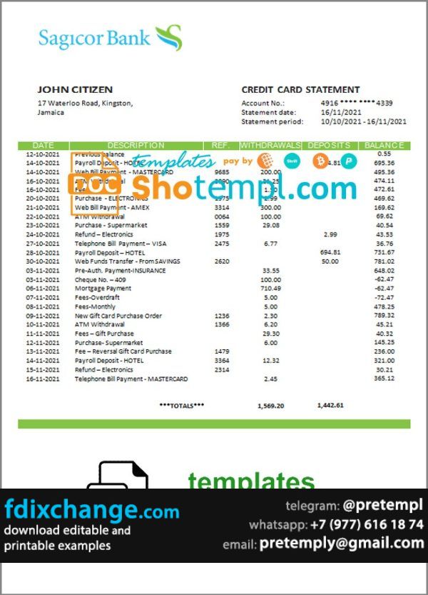 download Jamaica Sagicor Bank statement template free fonts