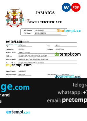 download Jamaica vital record death certificate template free fonts