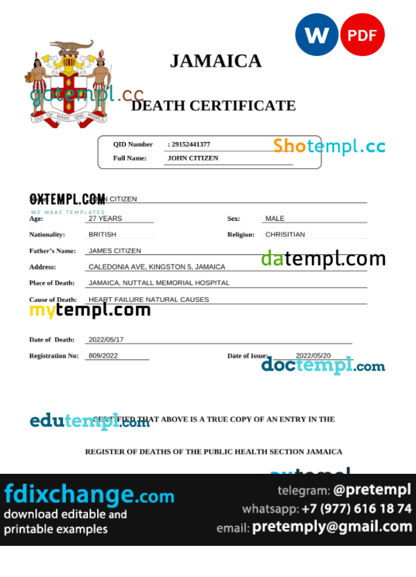 download Jamaica vital record death certificate template free fonts