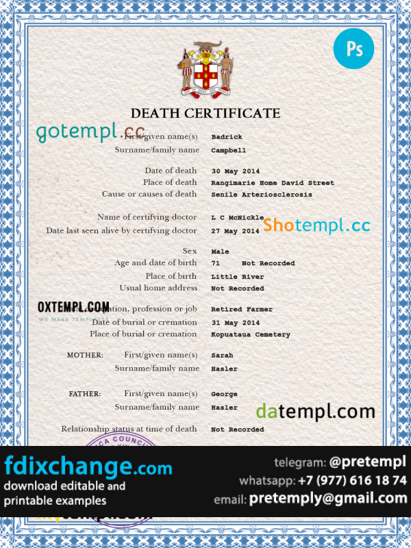 download Jamaica death certificate template free fonts, completely editable