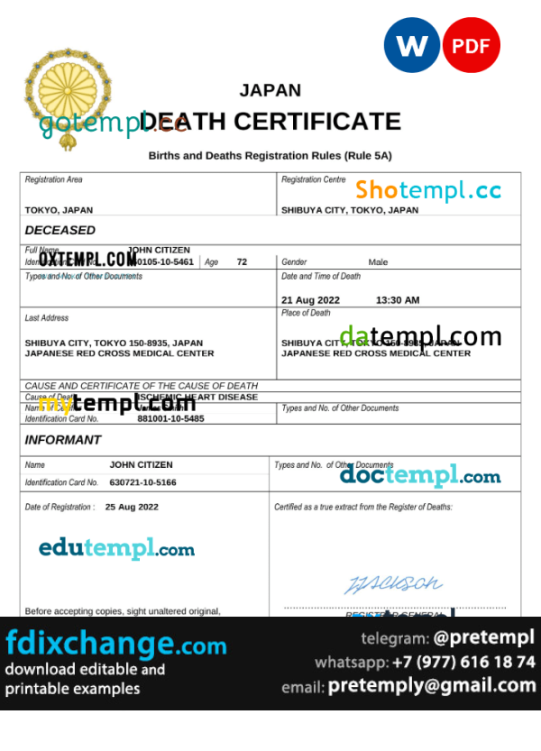 download Japan death certificate template free fonts, completely editable