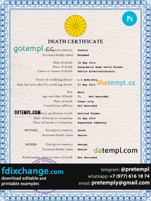 download Japan vital record death certificate template free fonts