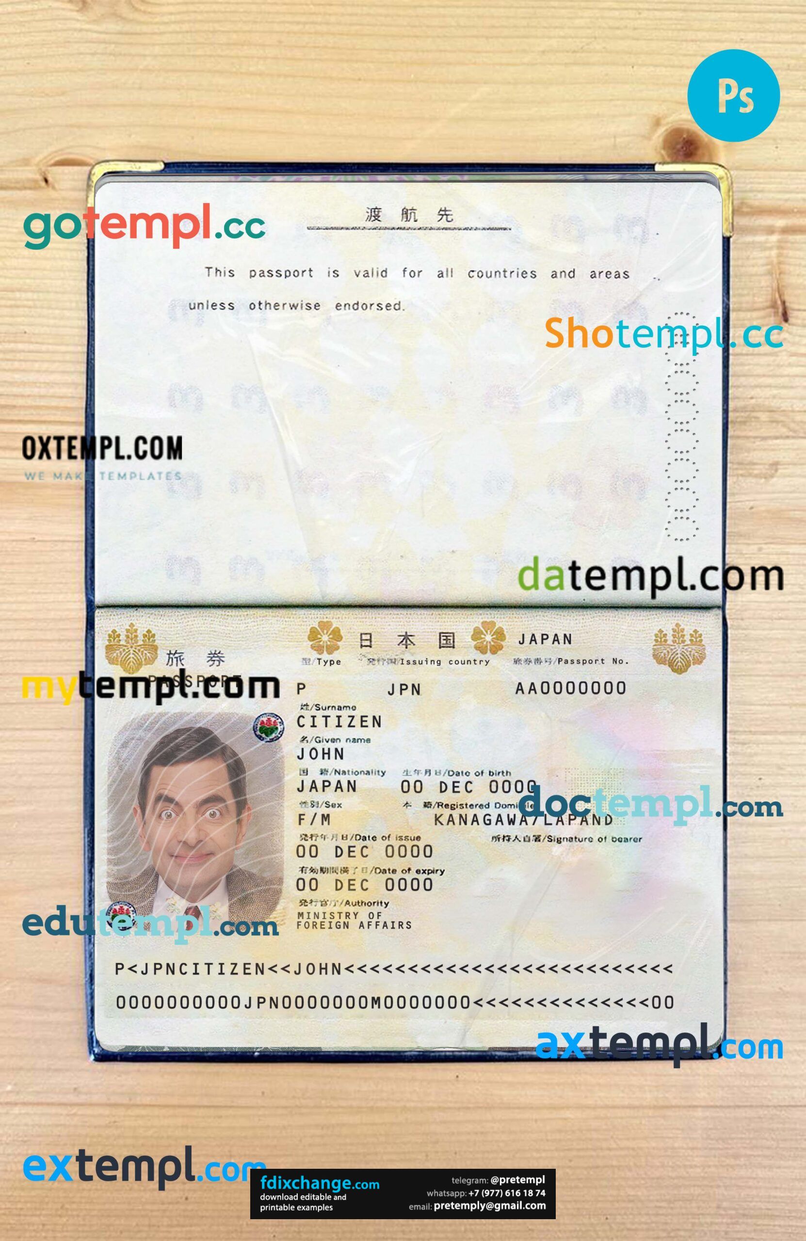 download Japan passport PSDs, editable scan and photograghed picture template free fonts, 2 in 1