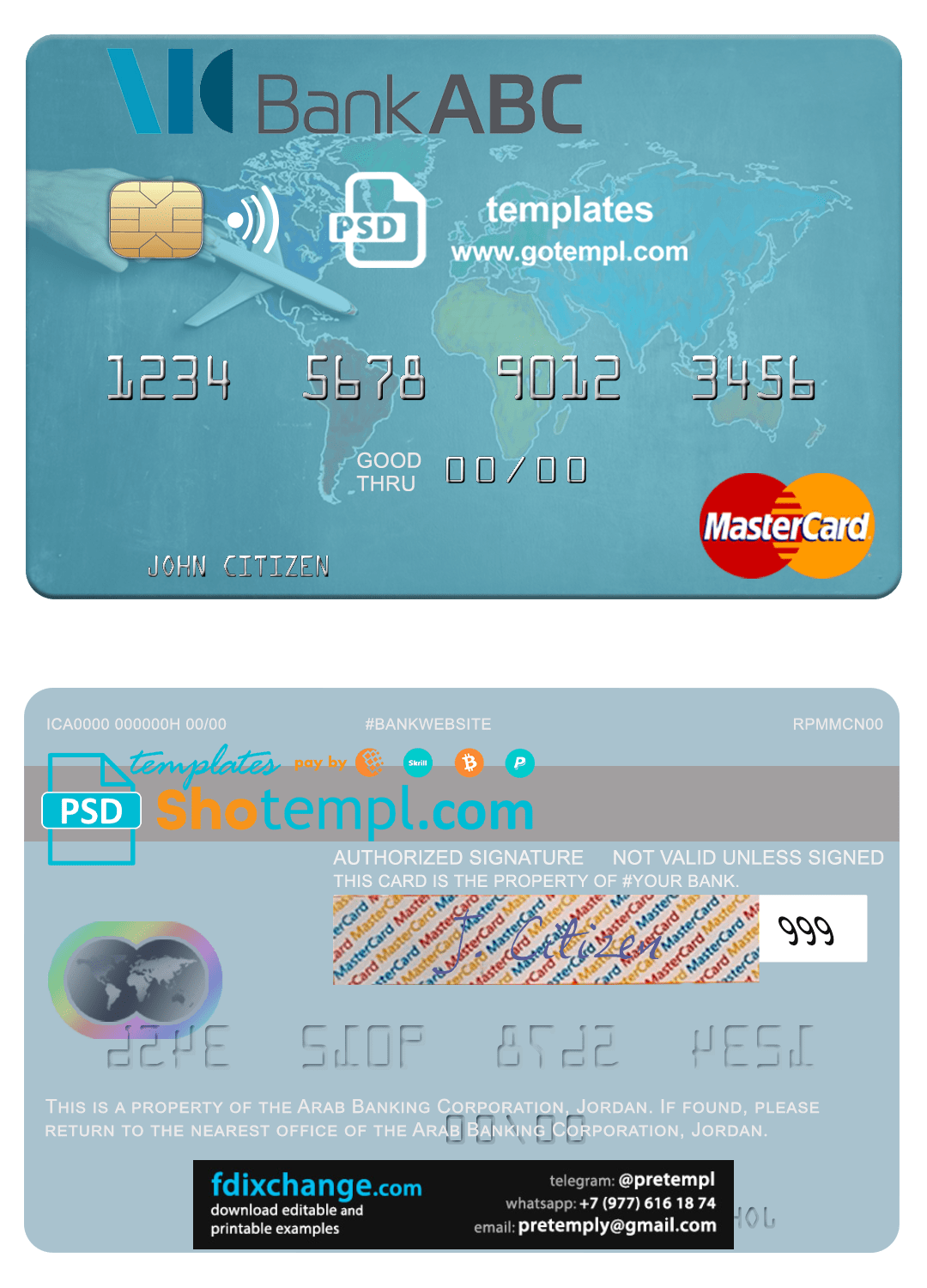 download Jordan Arab Banking Corporation (ABC) mastercard fully editable template free fonts